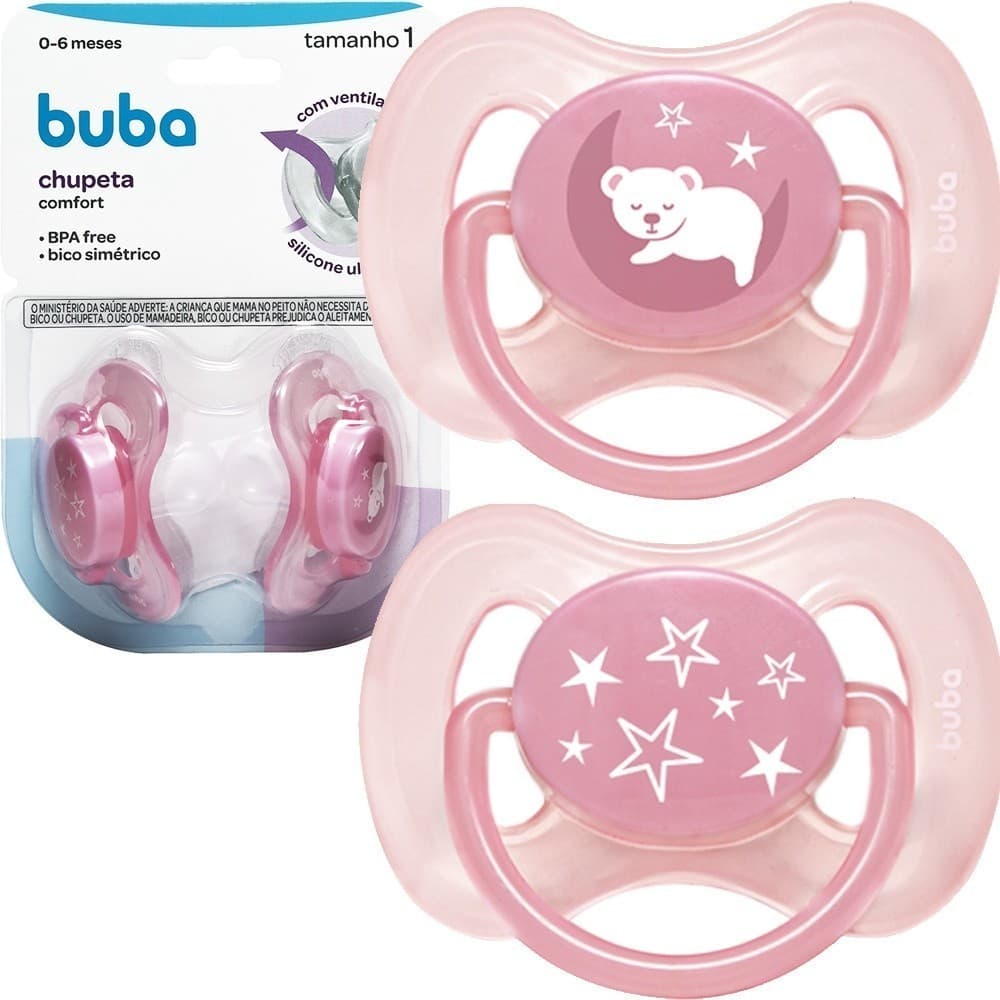 Kit 2 Chupetas Silicone Ultra Soft Conforto 0-18 Meses T1 e T2 Recém-Nascido Bebê Rosa/Azul Buba