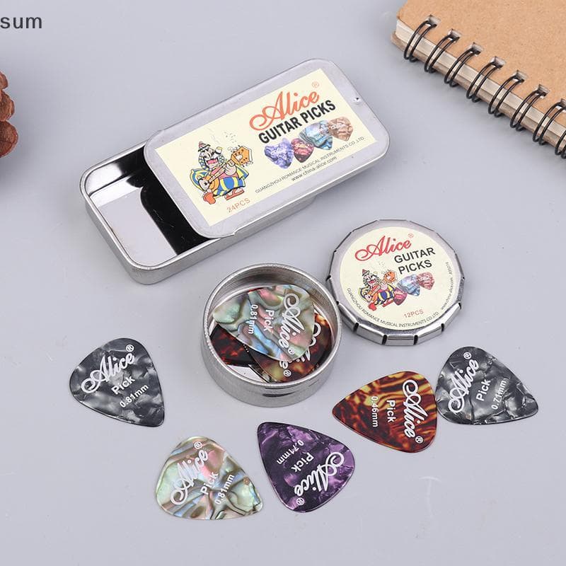 [sum] 12/24 Unidades De Guitarra Elétrica Acústica Pis Palhetas Celulóide Multifuncional Com Caixa De Coleção De Peixes