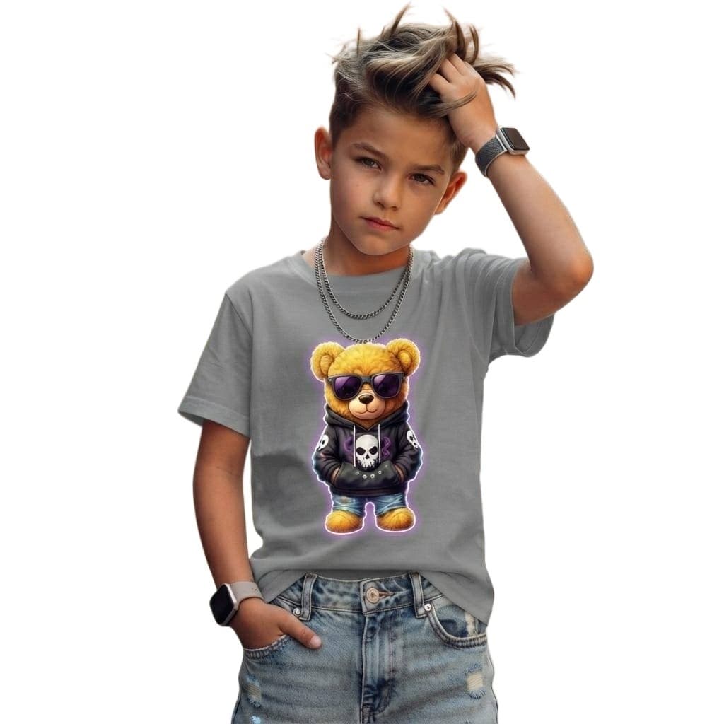 Camisa Infantil Urso Caveira Descontraída Rock Camiseta Estampada 100% Algodão Tecido Leve Premium