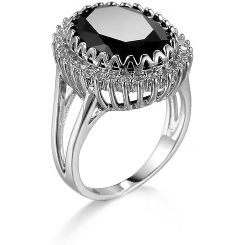 Anel QUSIIOSLK de Prata Esterlina 925 com Cristal Preto em Forma Redonda e Zircônia Cúbica AAA, Halo de Diamante Simulad