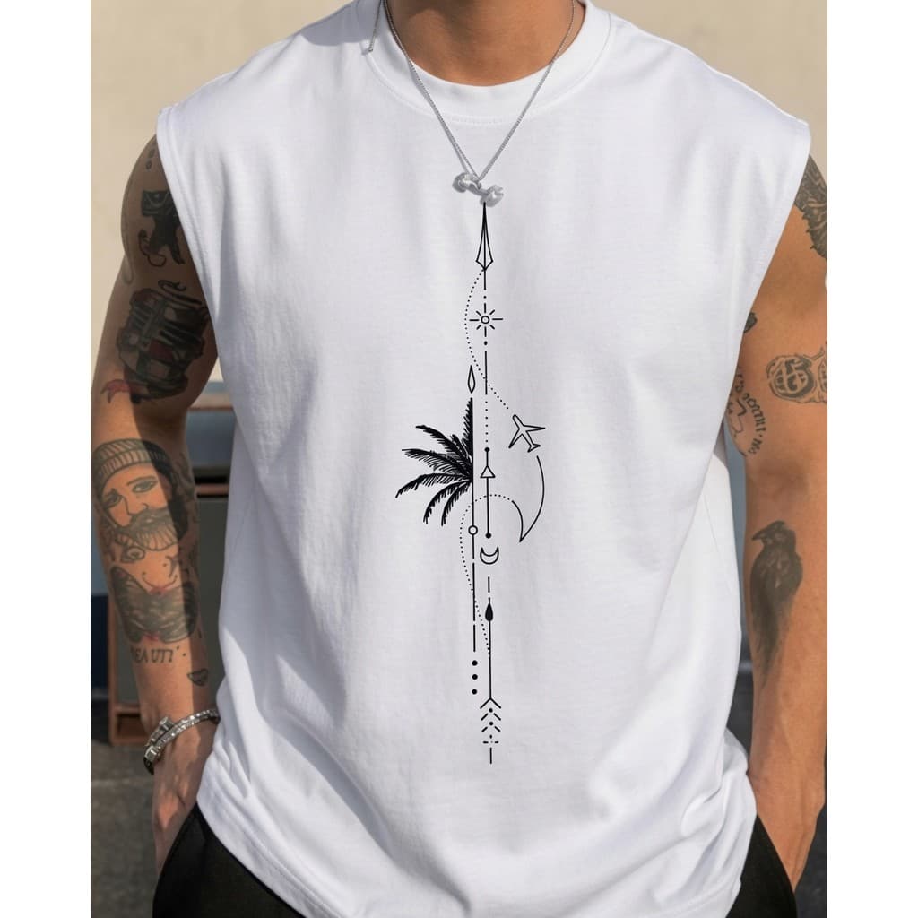Regata Masculina Casual Esportiva Gola Redonda Estampa Praia Confortável Verão Treino Academia Fitness