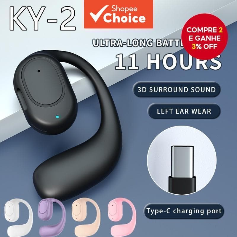 Fones de Ouvido KY2 TWS Fones de Ouvido Sem Fio Bluetooth de Condução Aérea HiFi Estéreo Controle por Toque Bateria de
