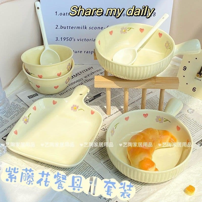 Leite Fufu Wisteria Flor Underglaze Cor Casa Cerâmica Alça Anti-escaldante de Alto Valor Conjunto de Talheres Dormitório