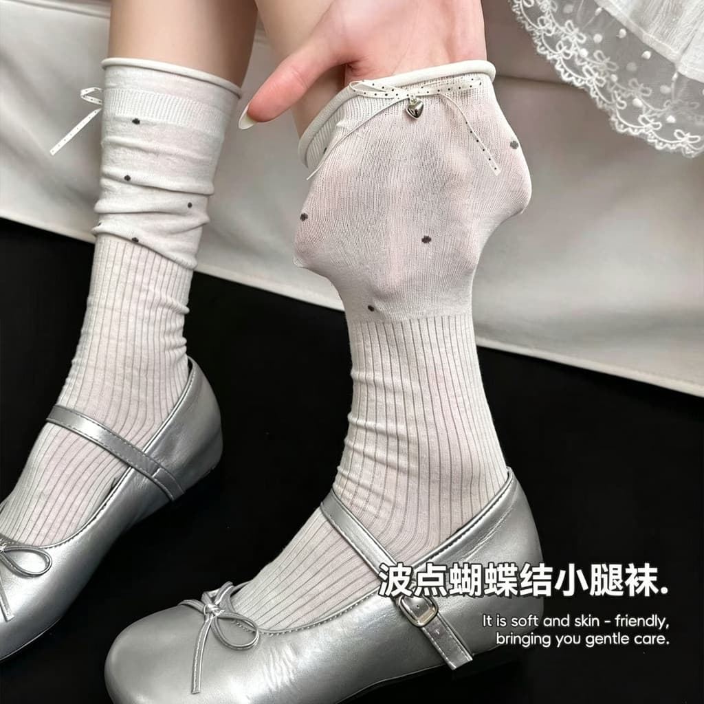 Meias de cano alto femininas com laço, finas, de cor sólida e com bolinhas, estilo ballet Miu WFYY