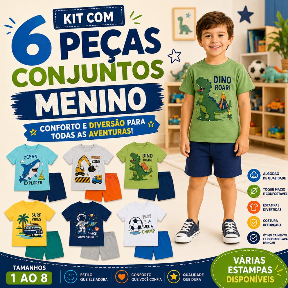 Kit 3 Conjuntos de Roupa Infantil Bebê Menino Sortido Kit 6 Peças (3 Camisetas + 3 Bermudas) Masculino Verão