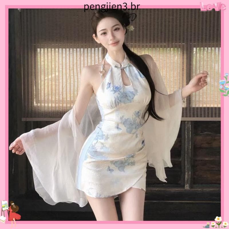 Melhorado Cheongsam vestido novo estilo chinês legal sentimento impresso sem mangas temperamento feminino celebridade Re