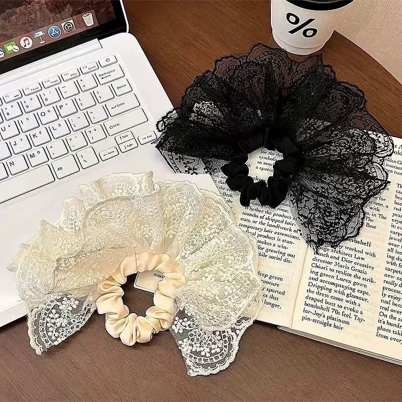 Renda renda gaze saia laço de cabelo feminino High-End estilo francês Oversized laço de cabelo elástico de cabelo cabeça