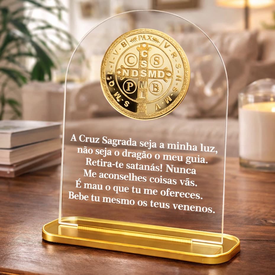 Placa de Mesa com Oração e Medalha de São Bento em Acrílico 12x10