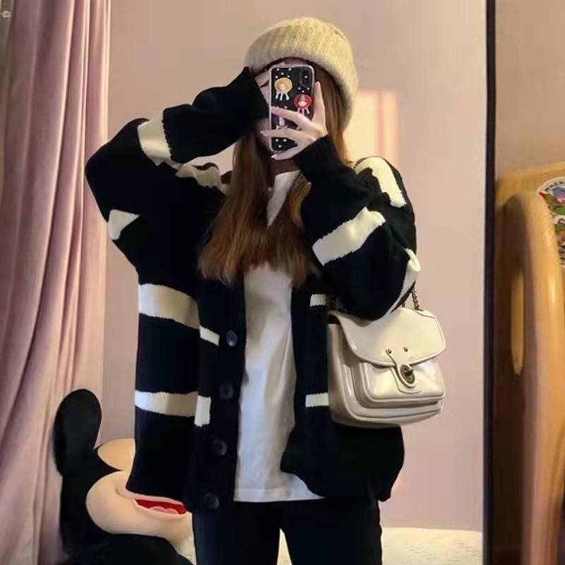 2026 Design Nicho Estilo Preguiçoso Suéter Preto Mulheres Outono Inverno Novo Estilo Cardigan Listrado Top