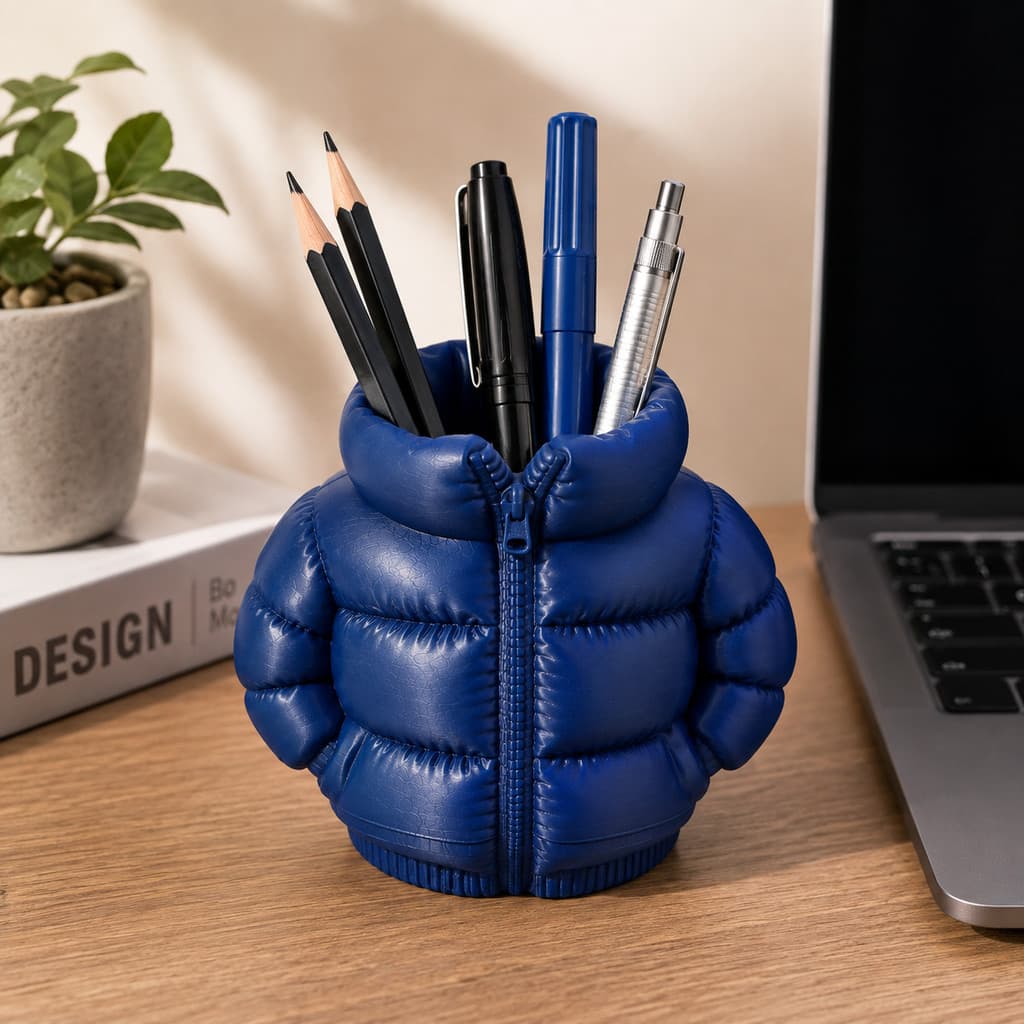 Porta Lápis Criativo Jaqueta Puffer | Organizador de Mesa Porta Canetas Decoração Home Office