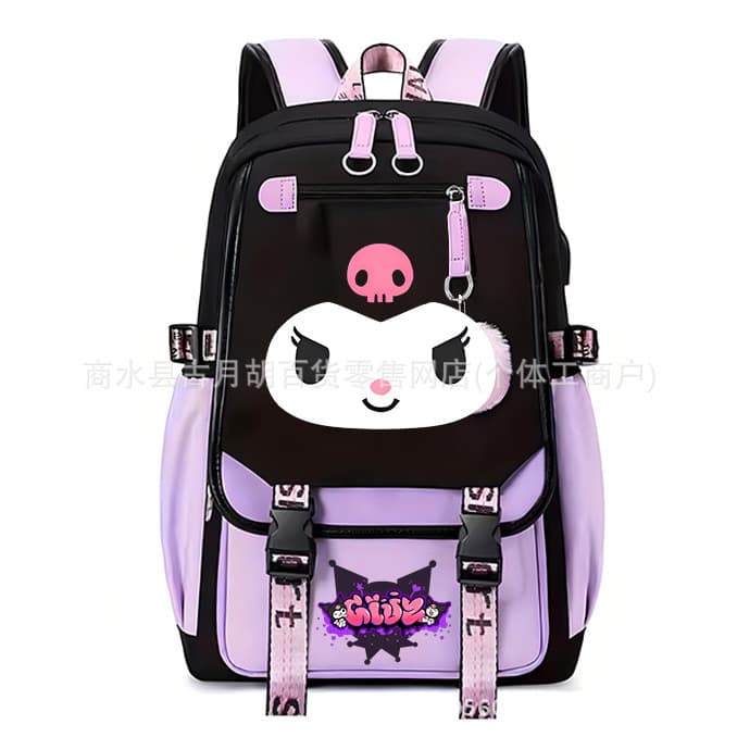Mochila roxa com estampa da Kuromi e porta USB, mochila escolar para estudantes, bolsa de lona com estampa de anime.