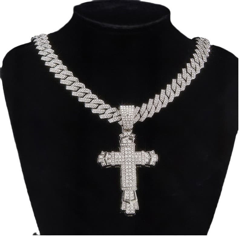 MYSUNSHINY Colar de 50cm de diamante em cruz grande com corte diamantado Colar Europeu Americano de Liga Liga de Rhinest