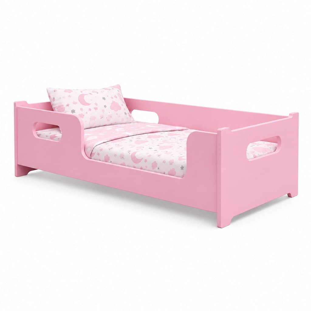 Mini Caminha Infantil Encanto Rosa Montessori Compacta Grade Proteção Quarto Menina Em MDF Confortável LOJAS MABH