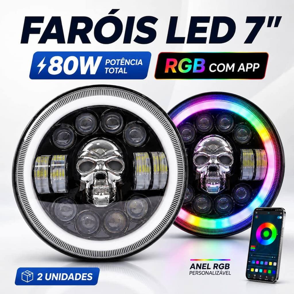 Kit 2 Faróis LED Caveira 7” 80W Angel Eyes RGB Bluetooth Alto e Baixo para Jeep 4x4