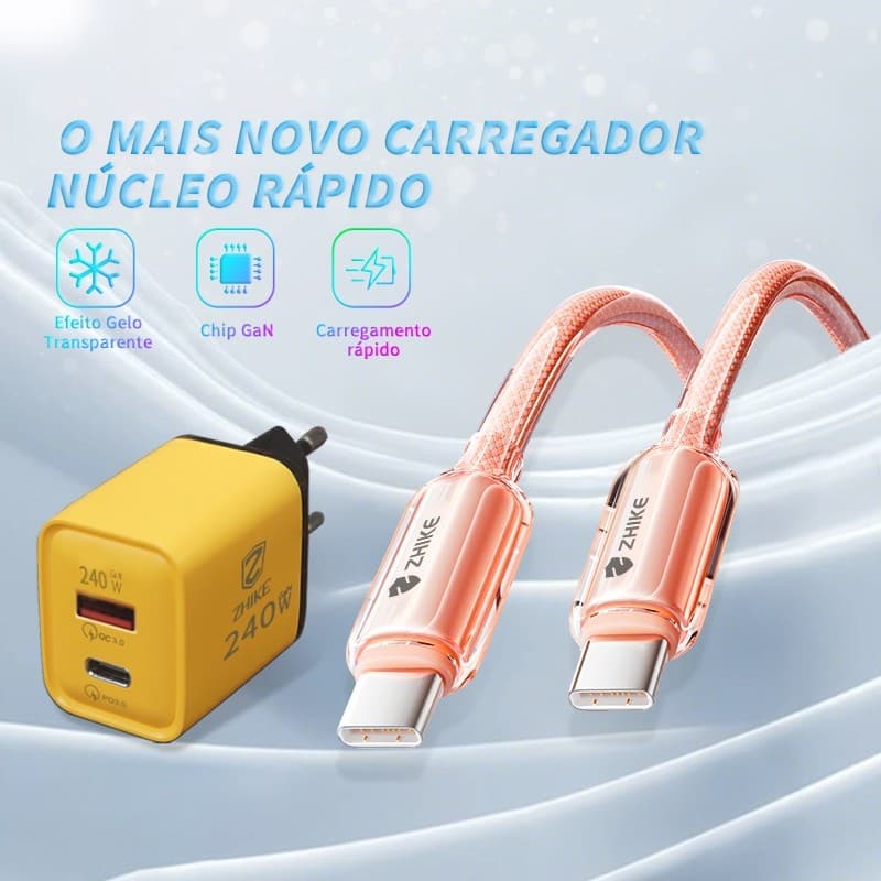 Carregador Rápido Celular 240W ZHIKE PD GaN Tipo C Para Tipo C USB-C de Parede Portátil com Cabo Durável Trançado 1M Kit