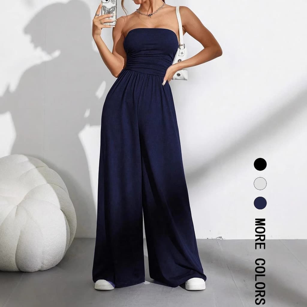Macacão Casual azul de perna larga feminino macacão de verão