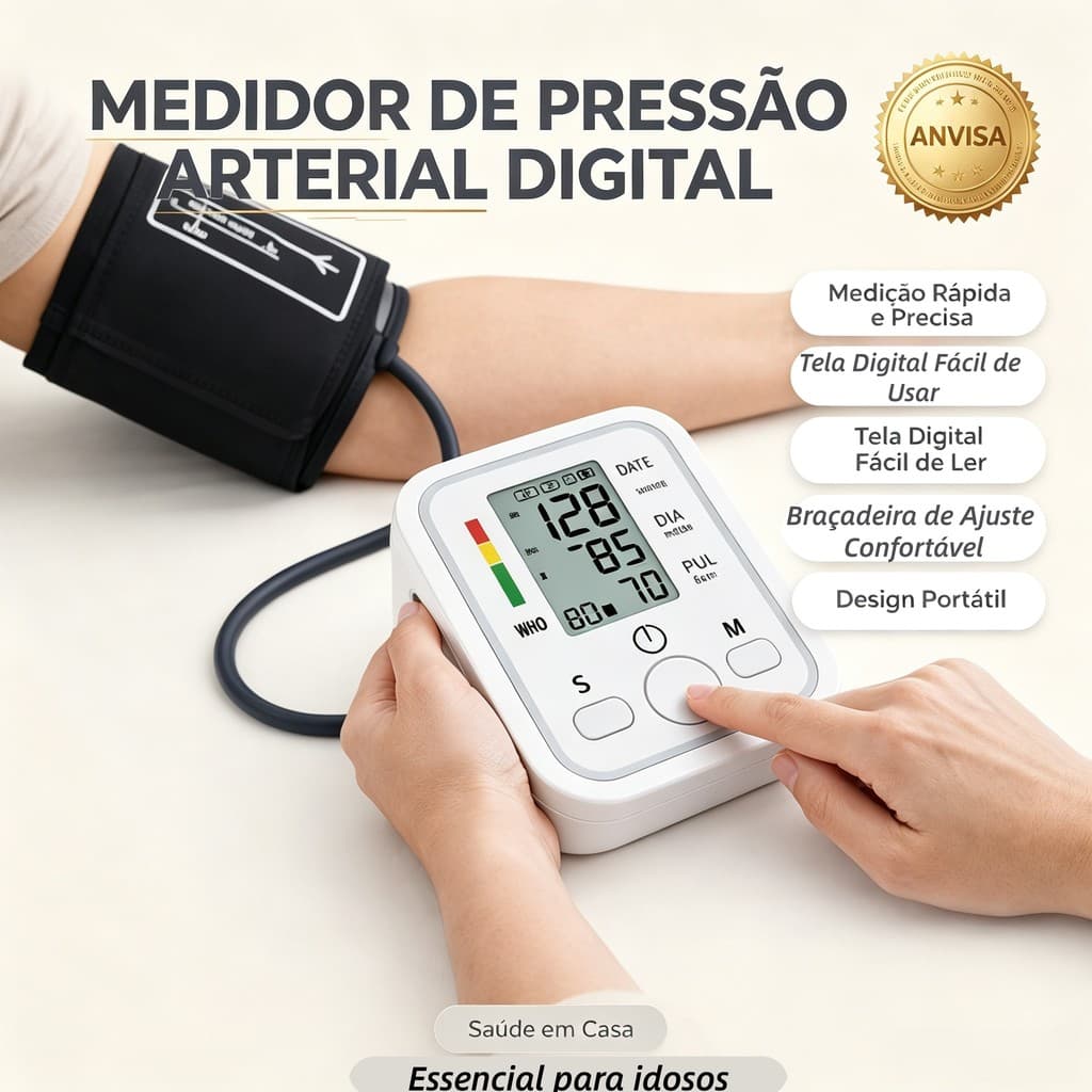 Essencial Idoso Medidor Pressão Arterial Digital Braço Automático ANVISA |Tela Grande Memória | Braçadeira Ajustável USB
