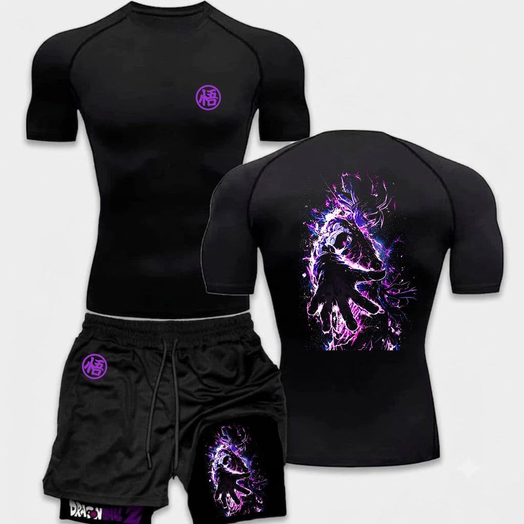 Kit Camiseta compressão + Bermuda Compressão Dry-Fit Arte Goku Dragon Anime Ball Z Mode Geek Gym Fitness