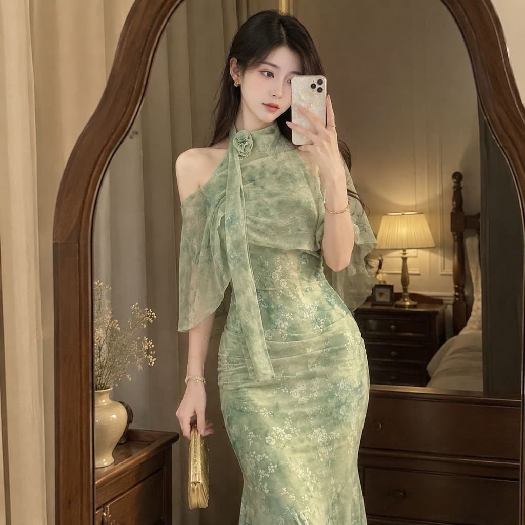 26 verão novo estilo novo estilo chinês estilo chinês suave Cheongsam flor conjunto de duas peças