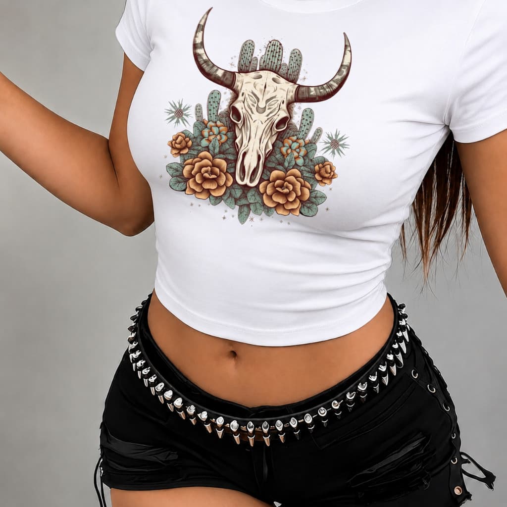 Cropped Feminino Branco Caveira Country Floral Western Estampa Premium Baby Look Streetwear Algodão