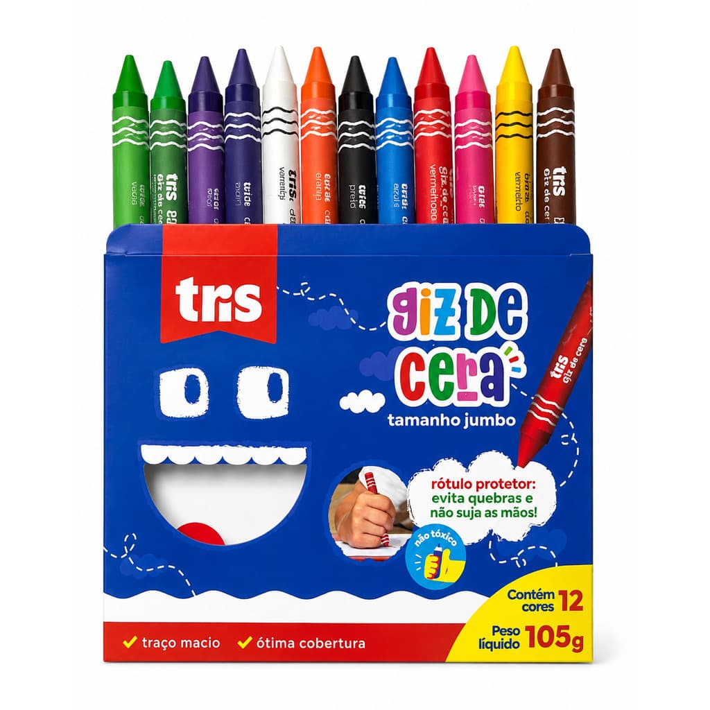 Giz de Cera Jumbo TRIS 12 Cores 105g | Traço Macio | Rótulo Protetor | Não Tóxico | Escolar