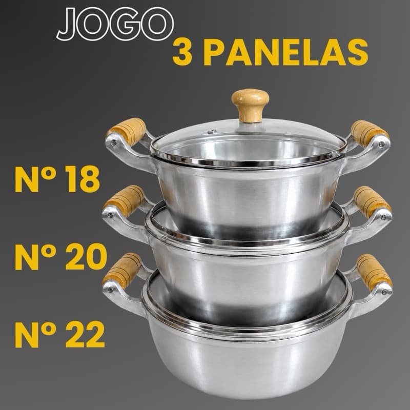 Kit 3 Panelas Alumínio Batido Fundido com Tampa de Vidro 18cm / 20cm / 28cm