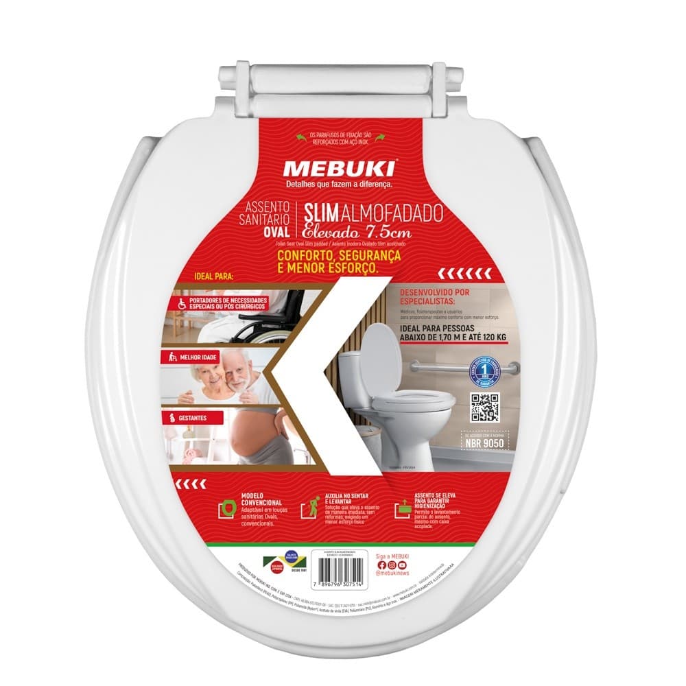 ASSENTO SLIM ALMOFADADO ELEVADO 7,5 CM BRANCO MEBUKI
