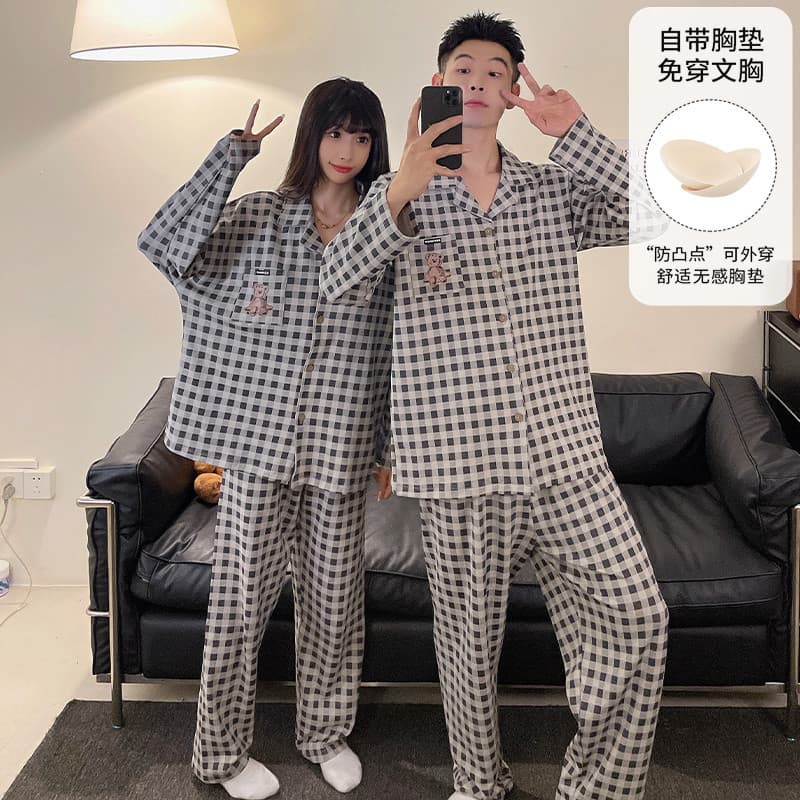 Casal Grade Algodão Sentir Pijama Conjunto Feminino Masculino Manga Longa Calças Casuais Pijamas