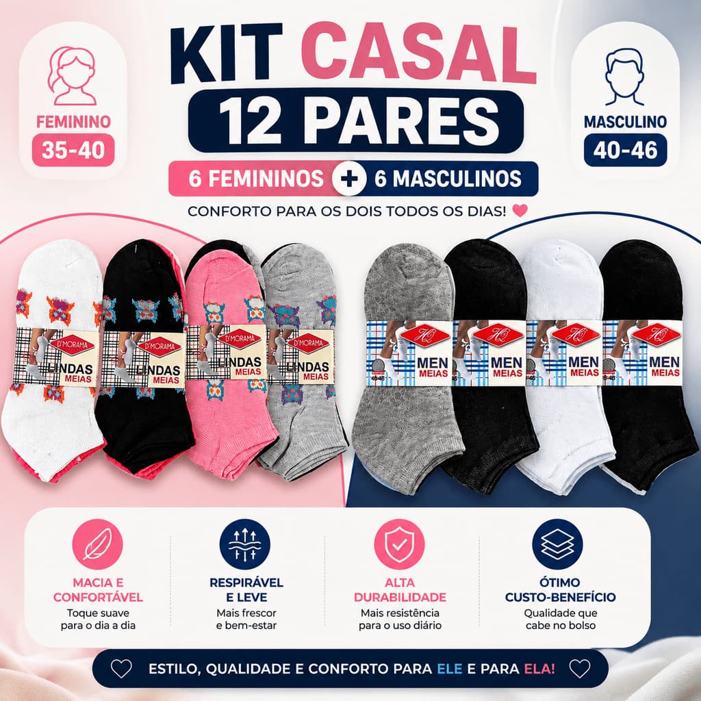 Kit Casal 12 Pares Meias Soquete Feminina e Masculina 35-40 e 40-46
