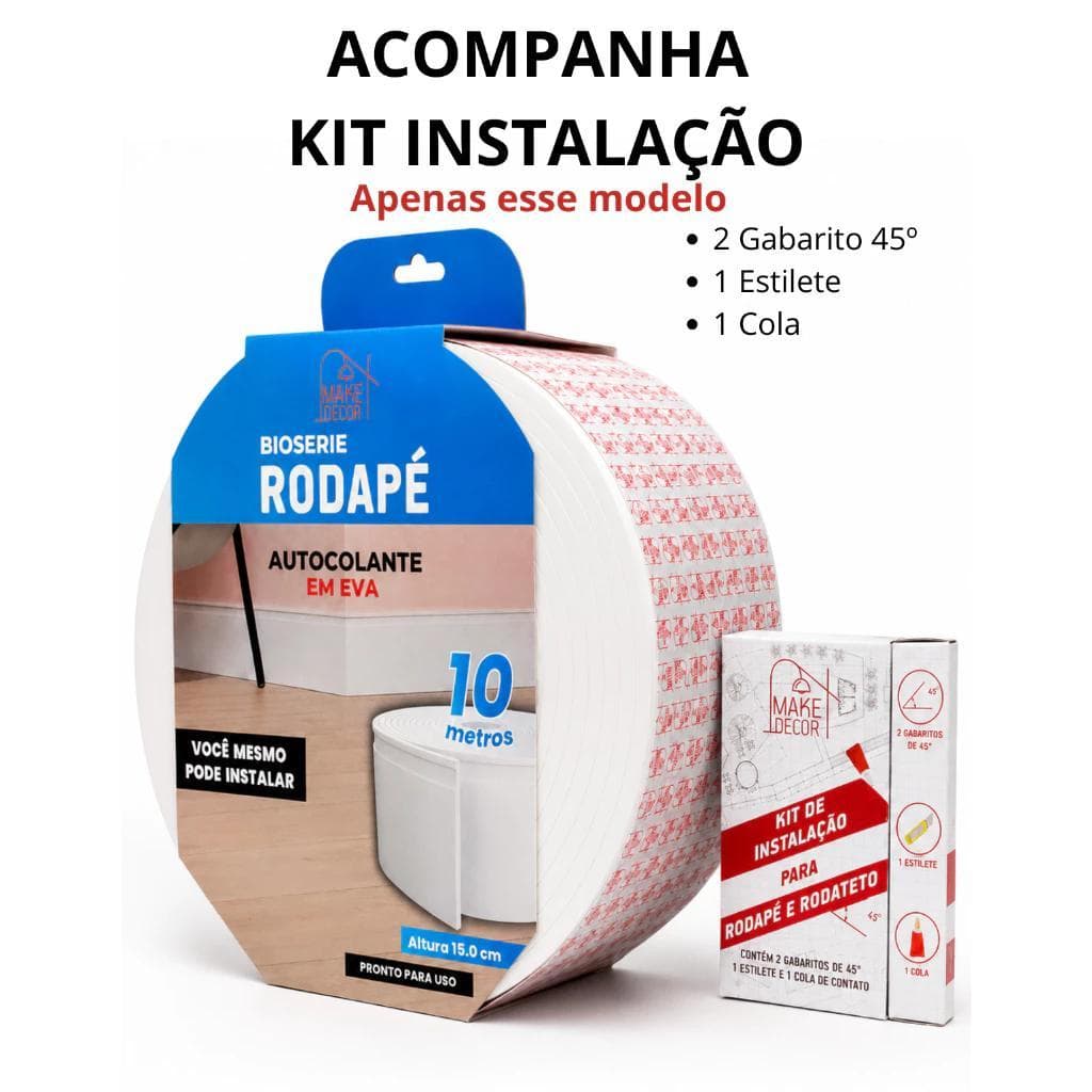 Rodapé Adesivo EVA Frisado 15cm Altura 10 Metros + Kit Instalação 2 Angulo 45º, Cola Estilete Make Decor Impermeável