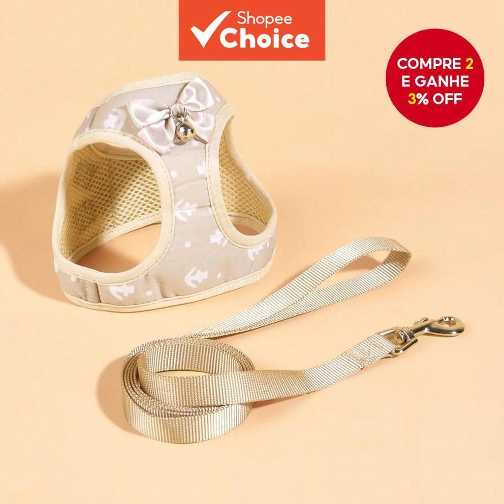 Conjunto de Peitoral e Guia com Laço Bege para Cachorros e Gatos, Colete de Malha Respirável para Animais Pequenos,