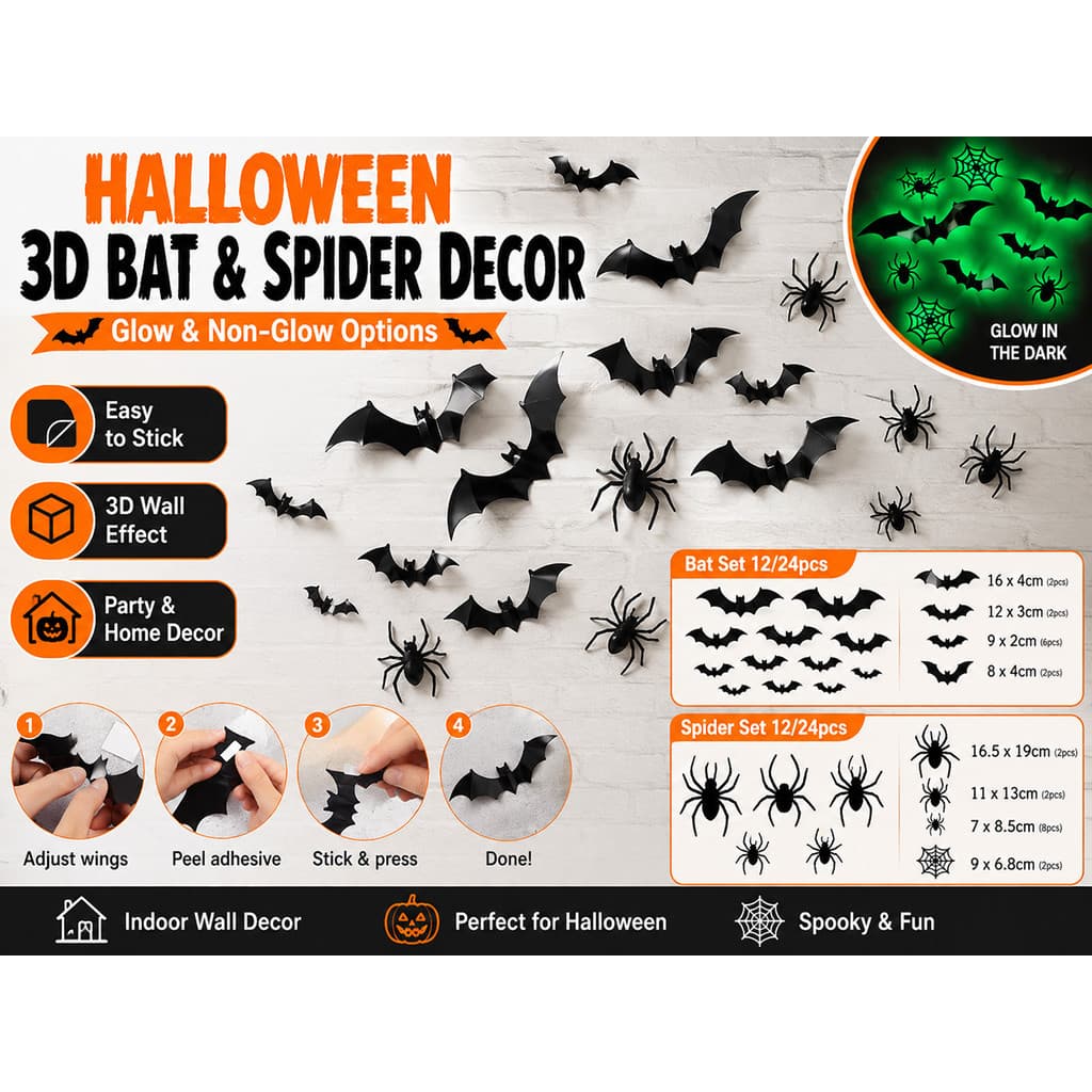 Adesivo de parede de aranha morcego 3D de Halloween - estilo luminoso escuro e estilo comum, adequado para decoração DIY