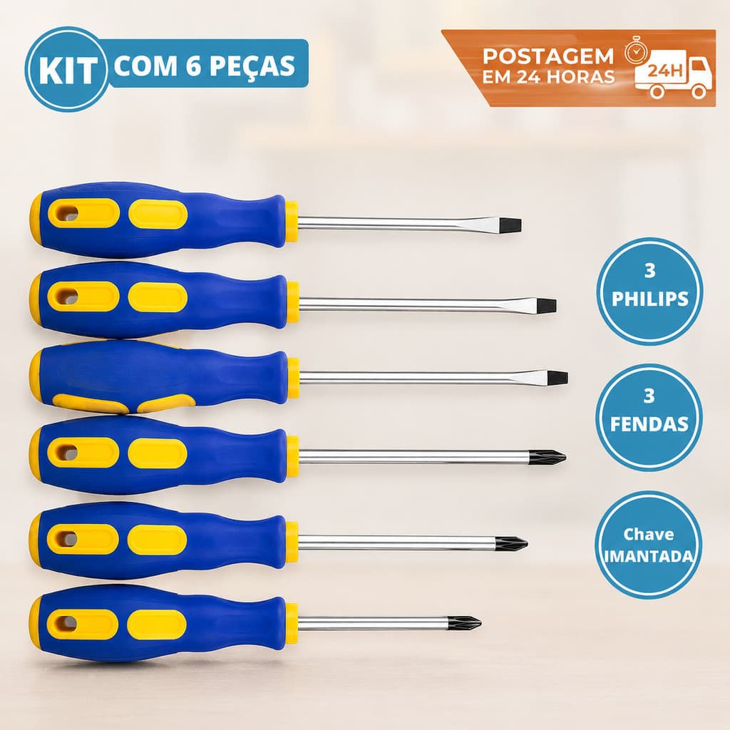 Kit Chaves de Fenda e Phillips Profissional em Aço Pontas Magnéticas Imantadas Cabo Resistente Emborrachado