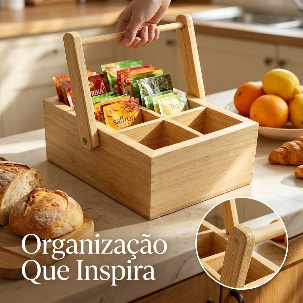 Caixa Organizadora De Bambu 6 Compartimentos Com Alça Para Saches E Talheres