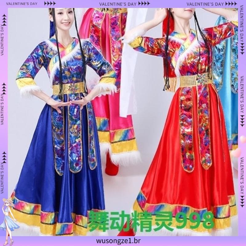 Novo estilo traje de dança tibetana feminino adulto manga água minoria traje étnico de palco traje de dança tibeta