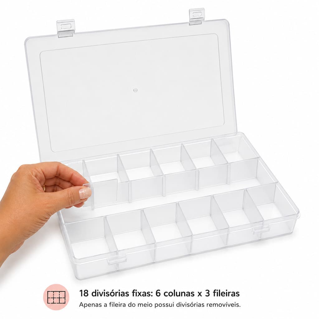 Caixa Organizadora Plástica Premium 18 Nichos Ajustáveis - Organize Bijuterias, Laços e Apliques