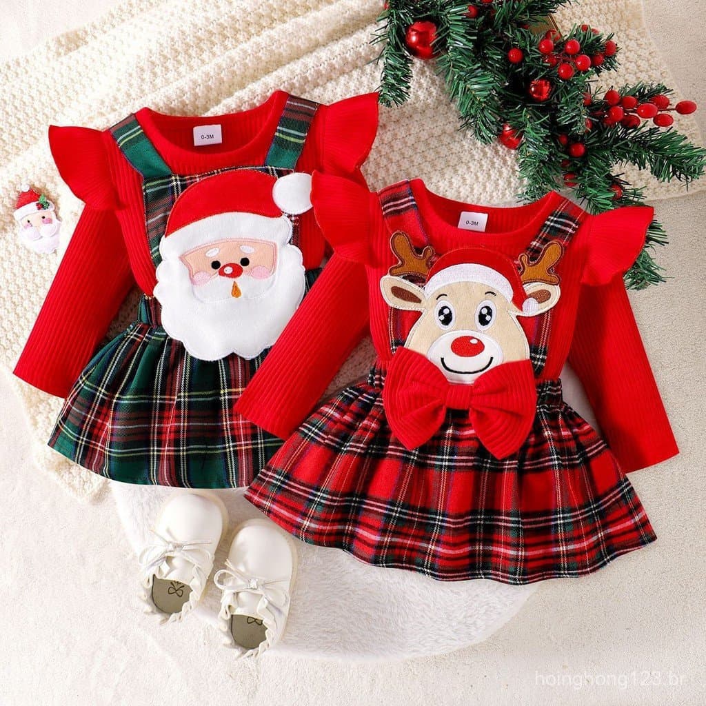 Macacão de manga comprida para meninas, estilo outono inverno, estilo 2025 Natal, saia com cinto xadrez, adequado para E
