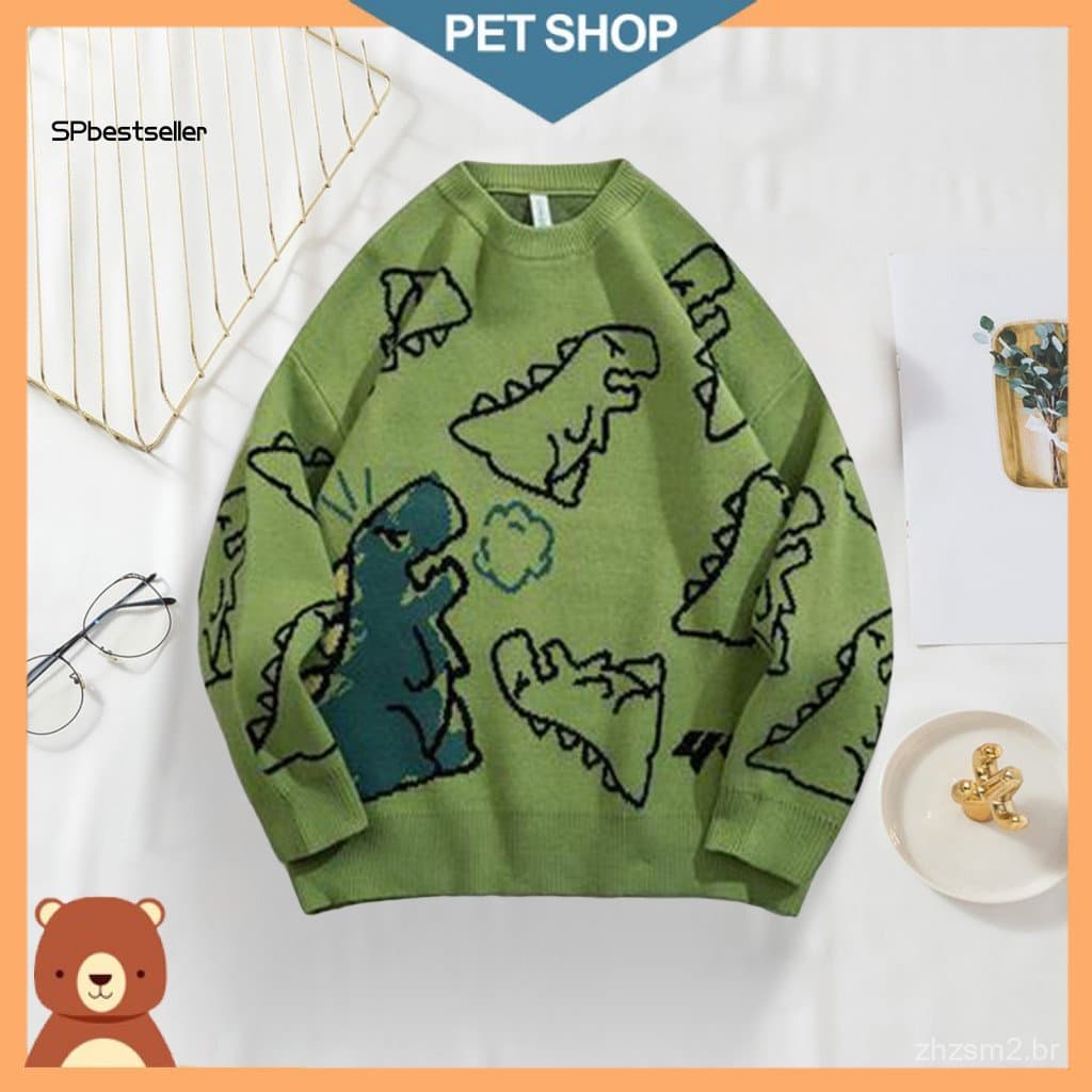 Suéter Masculino de Gola Redonda com Estampa de Dinossauro para Outono e Inverno, Estilo Hip Hop, Manga Longa, Corte Sol