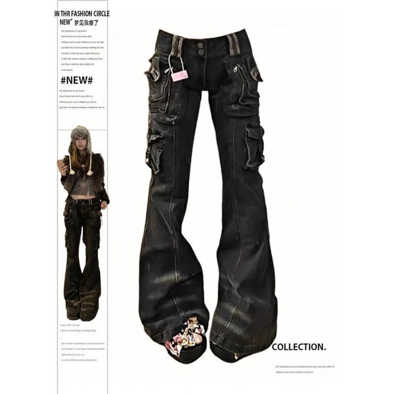 Calças Jeans Femininas Estilo Coreano Chic Grunge Japonês Harajuku Gyaru Y2K Denim Cargo Cyber Punk Hip-pop Estética dos