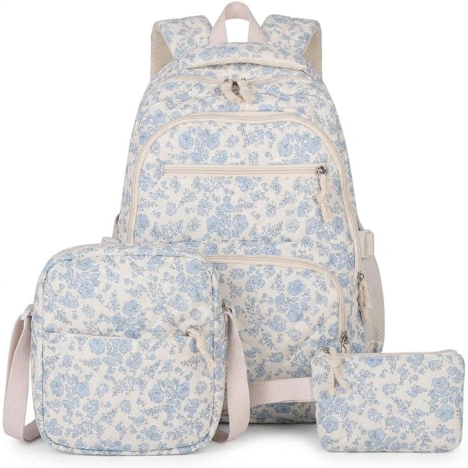 Conjunto de 3 Peças de Mochila Floral para Mulheres, Mochila Acolchoada Coquette, Mochila Kawaii Adorável, Estil