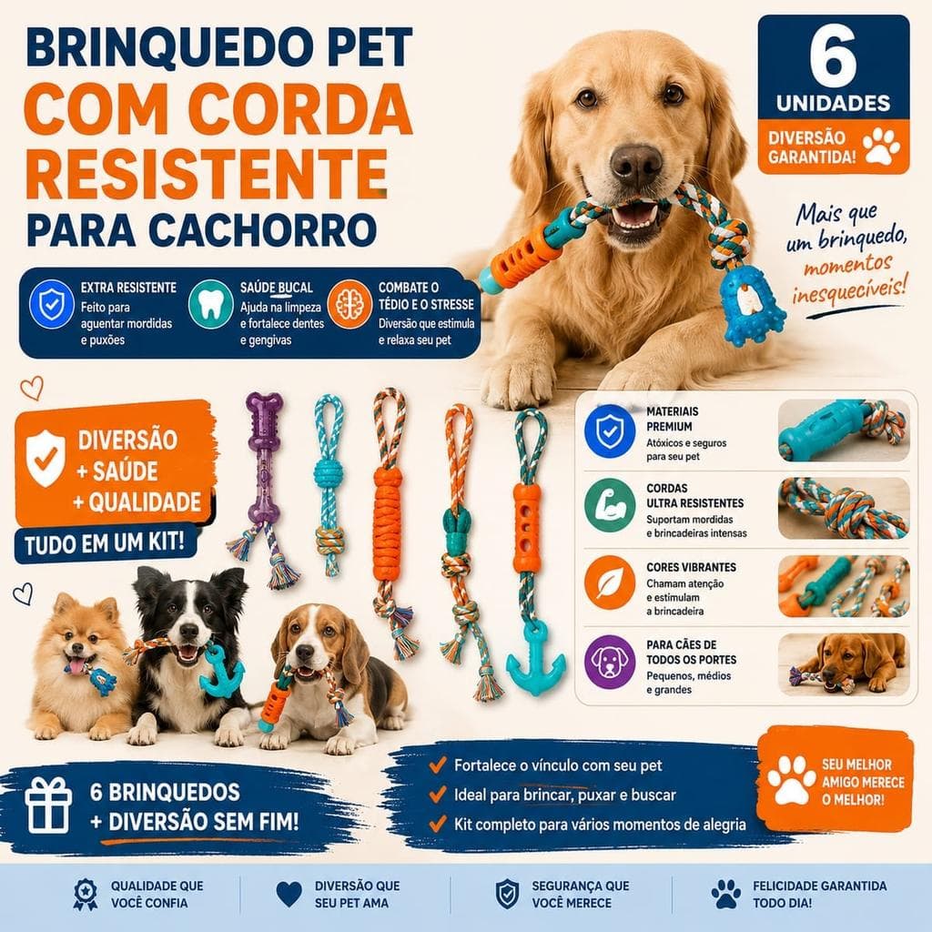 BRINQUEDO PET COM CORDA RESISTENTE PARA CACHORRO - 6UN