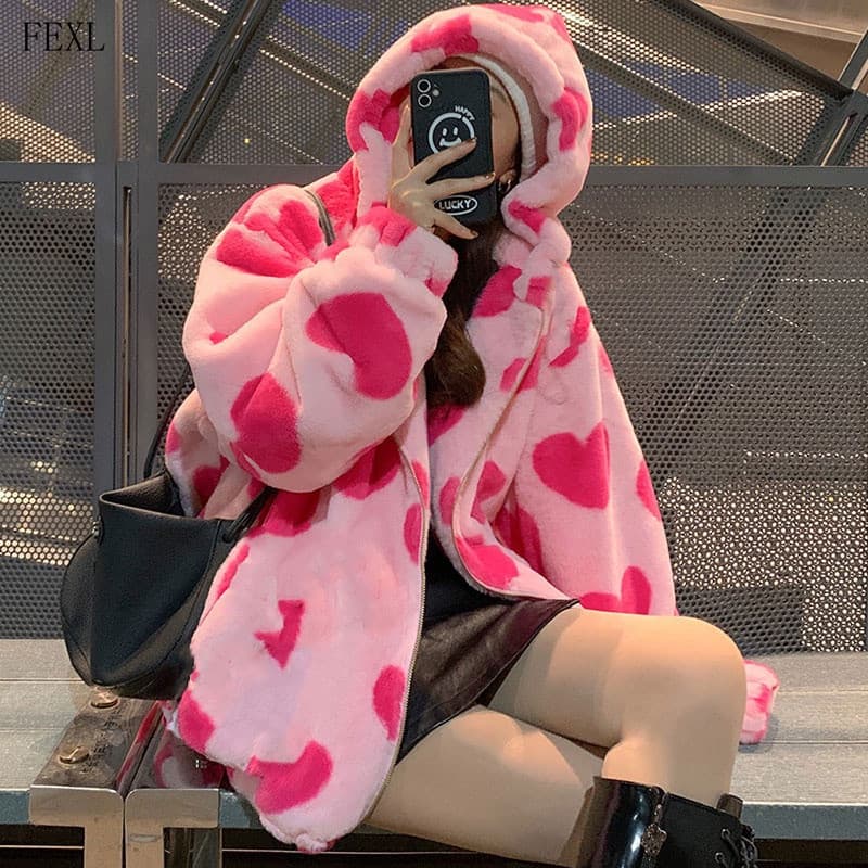 Casaco Feminino de Pelo Sintético em Forma de Coração, Estilo Harajuku, Manga Longa, Capuz, Jaqueta Quente para o Invern