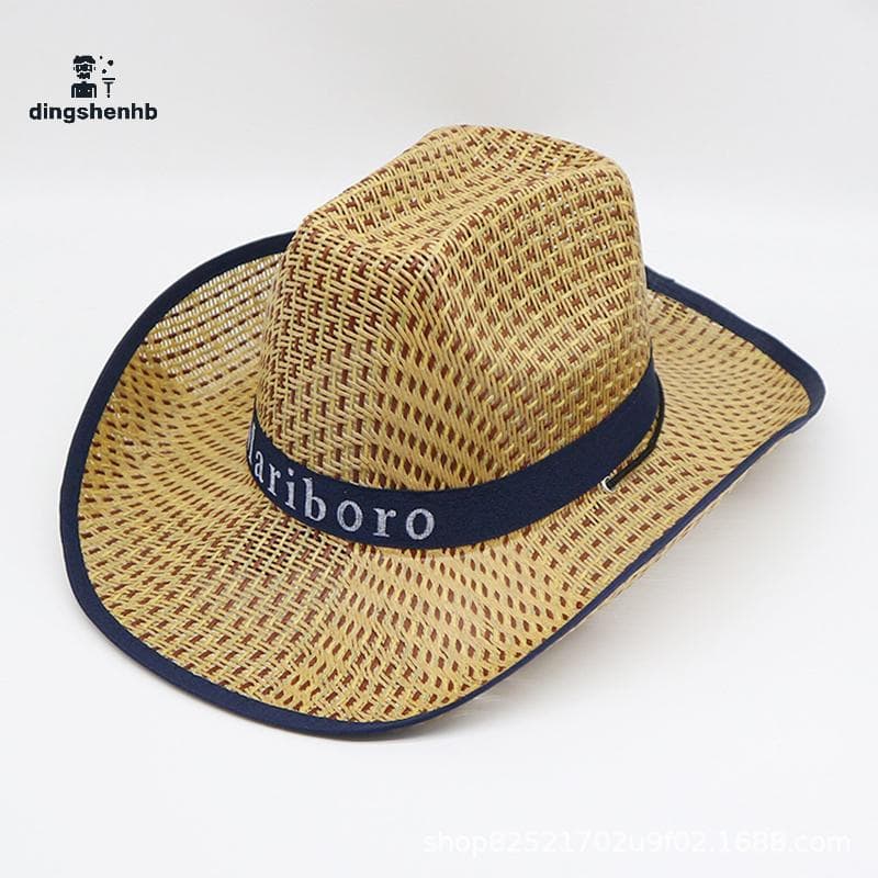 dingshenhb Masculino Retro Ocidental Cowboy Verão Palha Para Chapéu De Sol Aba Larga Encaracolada Letras Printe Bons Pro