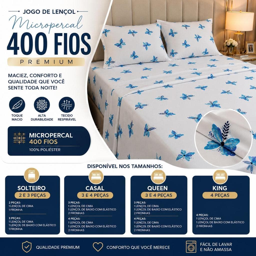 Jogo de Lençol Casal Micropercal 400 Fios - Solteiro ao King -2, 3 e 4 Pçs com Elástico  Estampa Bolinhas