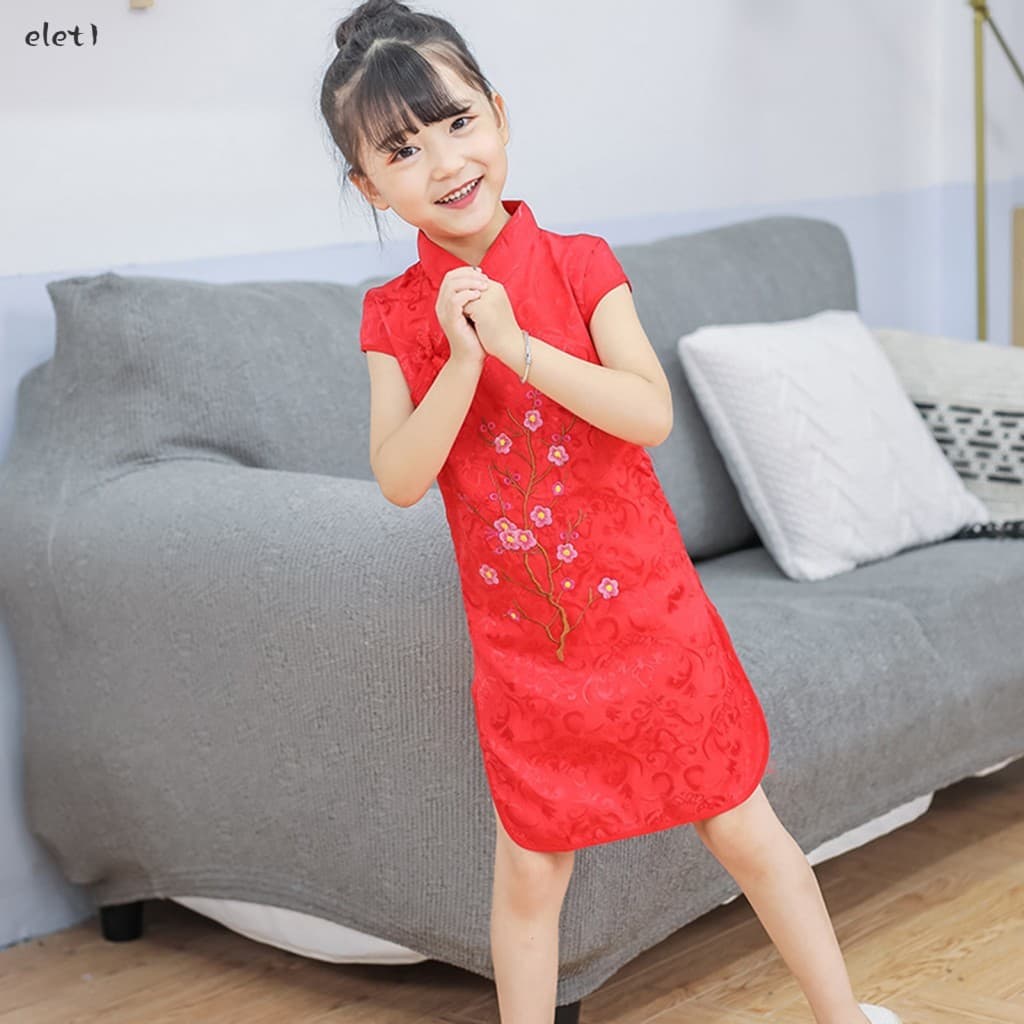 Ano Novo Crianças Cheongsam Floral Bordado Gola Vestido Para Festa De Verão
