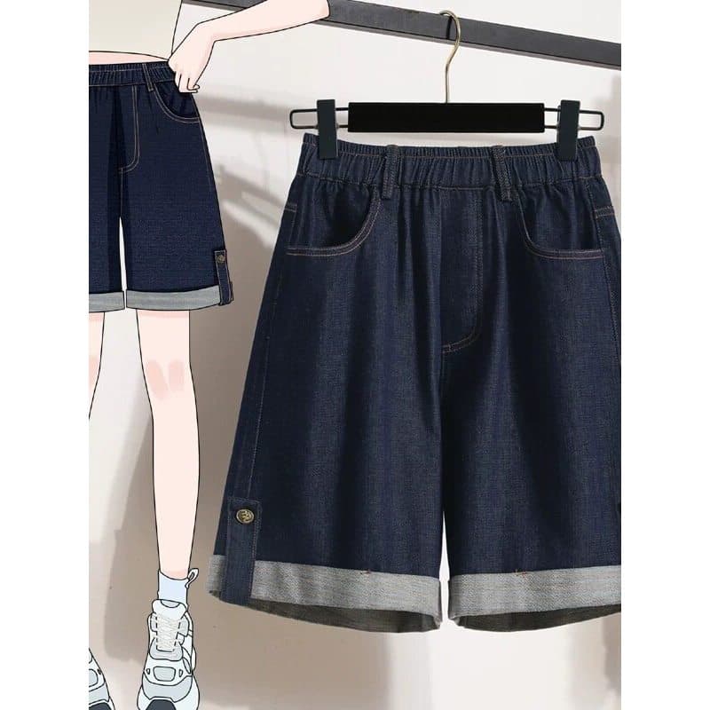 Tencel Denim Shorts feminino verão estilo fino cintura alta mais magro olhar calças de cinco pontos gordura mm tamanho g