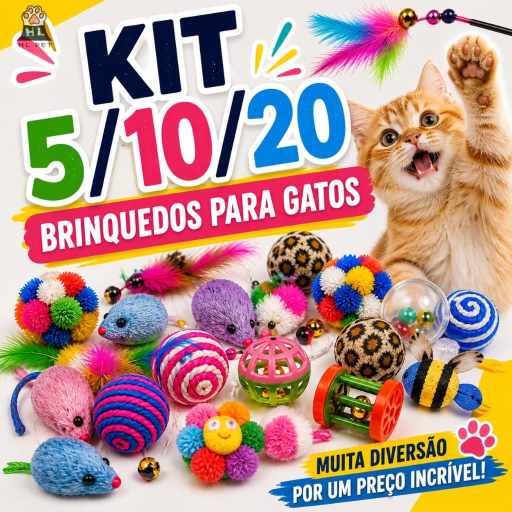 Kit Brinquedos Para Gato Interativo Com Varinha Bolinha Pena Rato Sortido Antiestresse