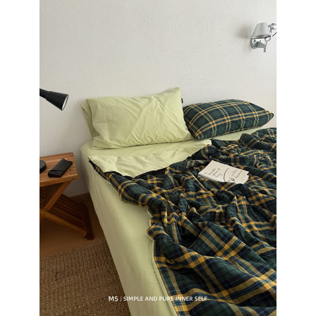 Retro verde escuro xadrez lavável colcha de verão 100% algodão conjunto de quatro peças lavável à máquina colcha de ar c