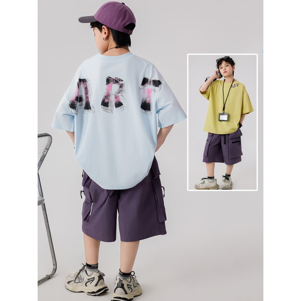 Menino adolescente terno de manga curta camiseta roupas de verão 2026 novo estilo grande menino meia manga camiseta Work