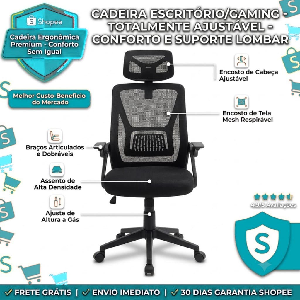 Cadeira Ergonômica Office Mesh Reclinável com Tilt Lock Encosto Cabeça e Apoio Lombar